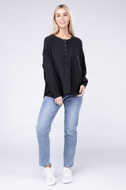 ZENANA Double Gauze Oversized 3/4 Button Henley Neck Top