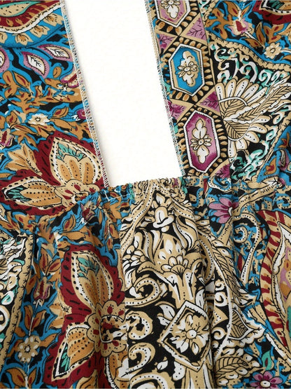 Women Print Maxi Dress with Tie Detail - High Waisted Cross Halter Neck, Flowing Teal & Brown Paisley Vacation Gown, Machine Washable Summer Fashion