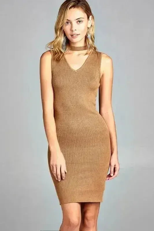 Women's Sleeveless V-Neck Choker Sweater Dress