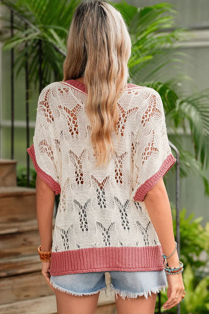 Delicacy Flowers Colorblock Edge Hollow Crochet Knit Top