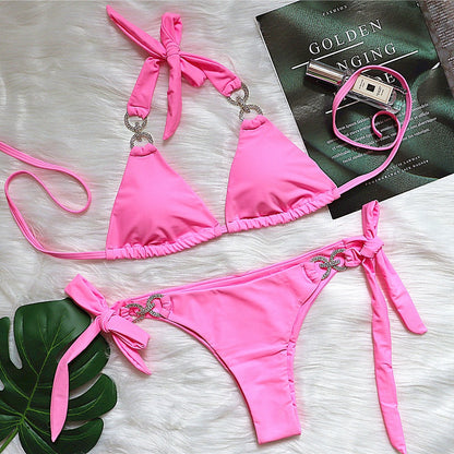 Bikini Bright Crystal Swimsuit Solid Color Lace-up High-end Sexy Swimsuit Women Swimsuit
