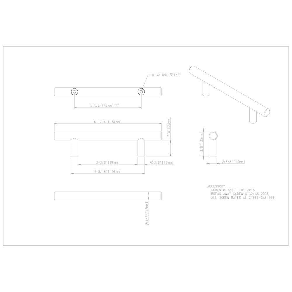 96 mm Center-to-Center Hollow Matte Black Stainless Steel Naples Cabinet Bar Pull