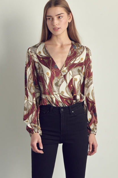 Women's V-Neck Abstract Print Blouse with Long Sleeves | Apparel | Kitchen + Metal