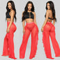 Solid Color Ruffles Sexy Mesh See-through Trousers