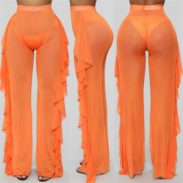Solid Color Ruffles Sexy Mesh See-through Trousers