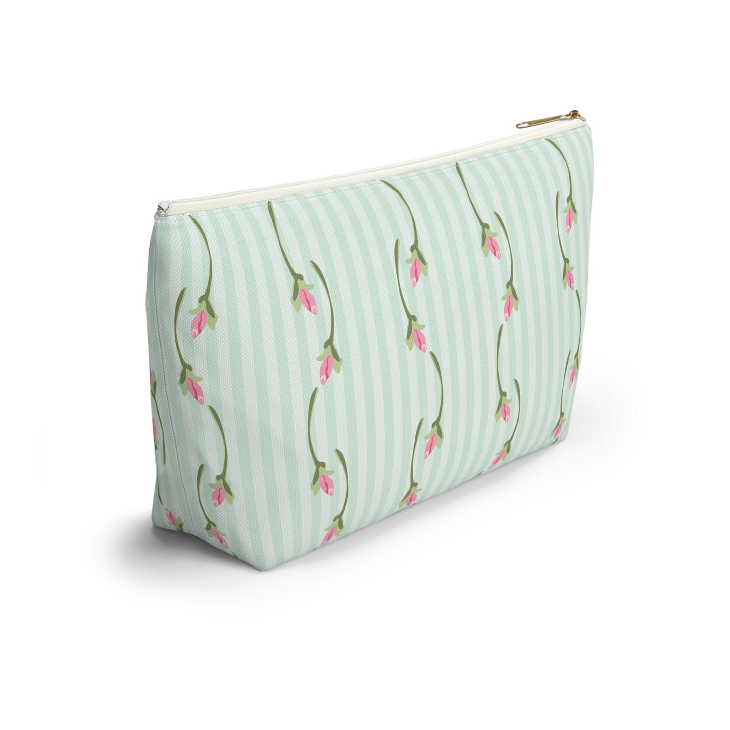 Customizable: Floral Print Accessory Pouch | Cute Makeup Bag, Travel Organizer, Gift for Her, Floral Clutch, Green Striped Bag