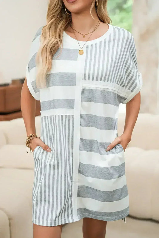 Gray Stripe Mixed Printed Short Sleeve Shift Mini T Shirt Dress