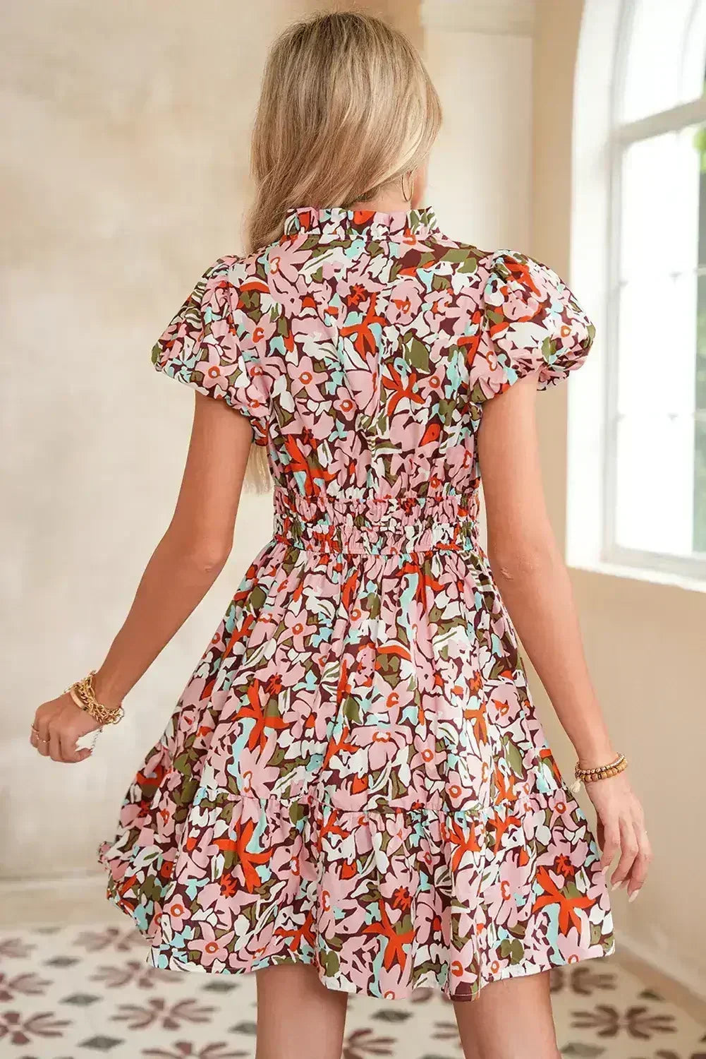 Pink Floral Print Puff Sleeve Shirred High Waist Mini Dress