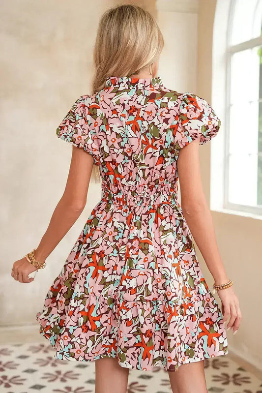 Pink Floral Print Puff Sleeve Shirred High Waist Mini Dress