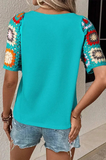 Geometric Round Neck Short Sleeve Blouse | Femstylo