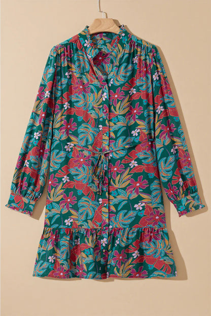Green Floral Frill V Neck Puff Sleeve Ruffle Mini Dress