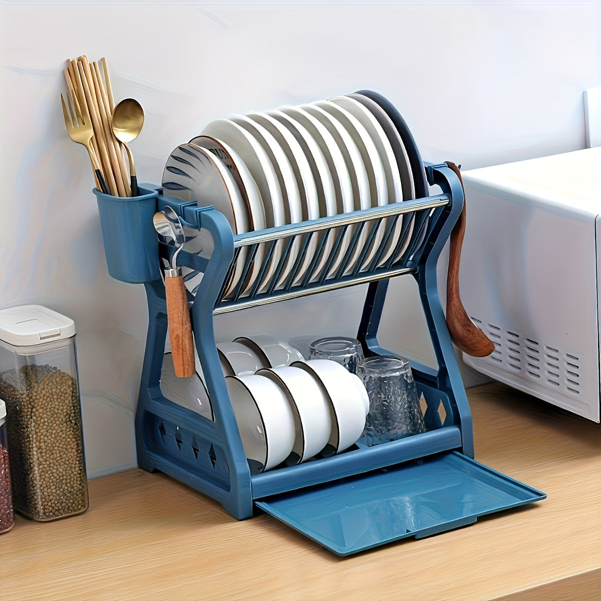 Space-Saving 2-Tier Kitchen Dish Rack with Drainboard - Sleek Blue &