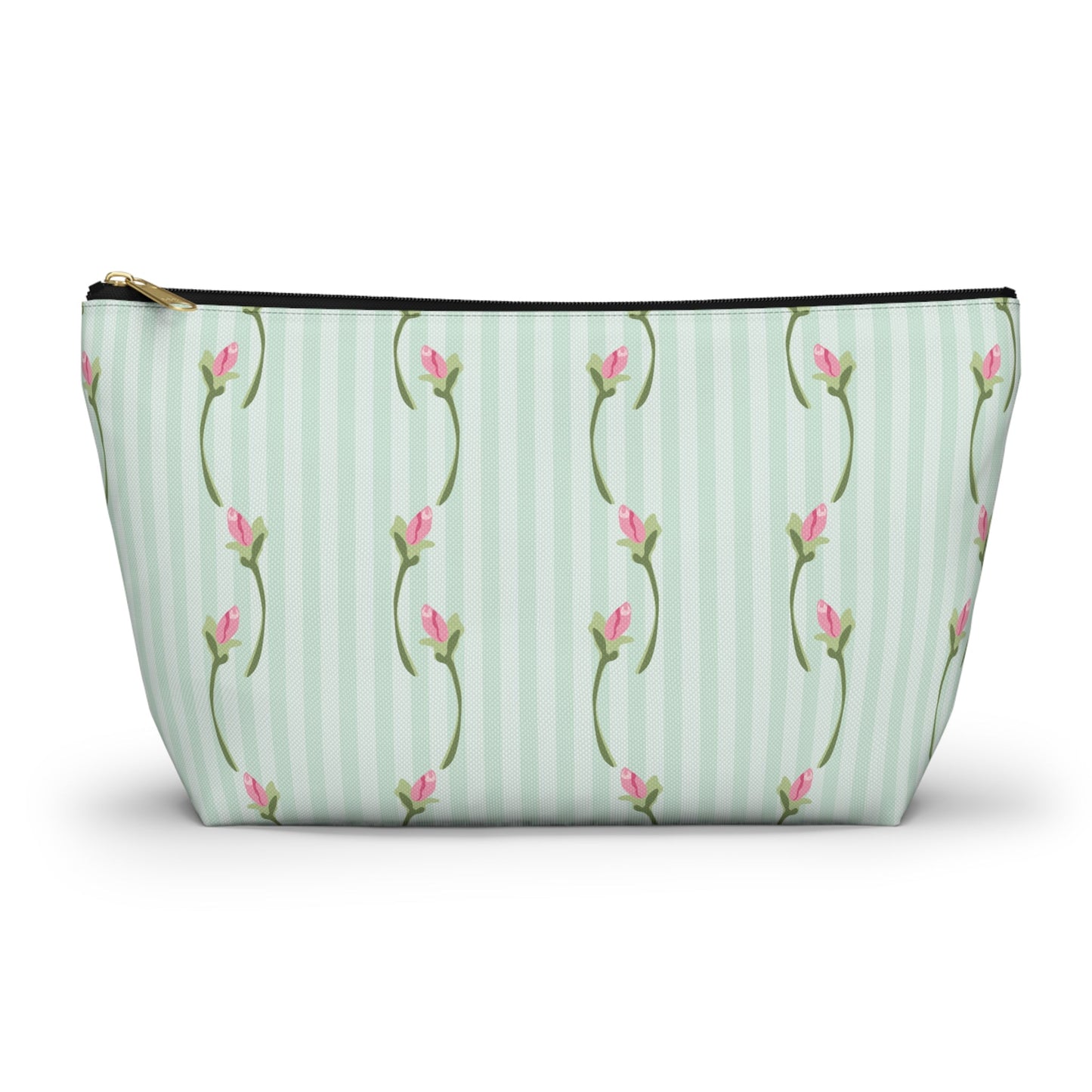 Customizable: Floral Print Accessory Pouch | Cute Makeup Bag, Travel Organizer, Gift for Her, Floral Clutch, Green Striped Bag