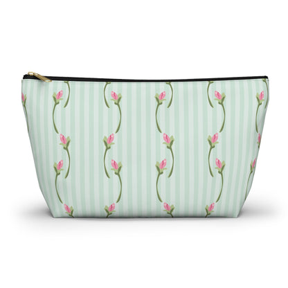 Customizable: Floral Print Accessory Pouch | Cute Makeup Bag, Travel Organizer, Gift for Her, Floral Clutch, Green Striped Bag