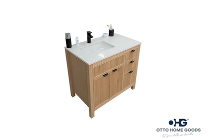 Catalina 36" Natural Oak Bathroom Vanity with Quartz Top & Black Hardware