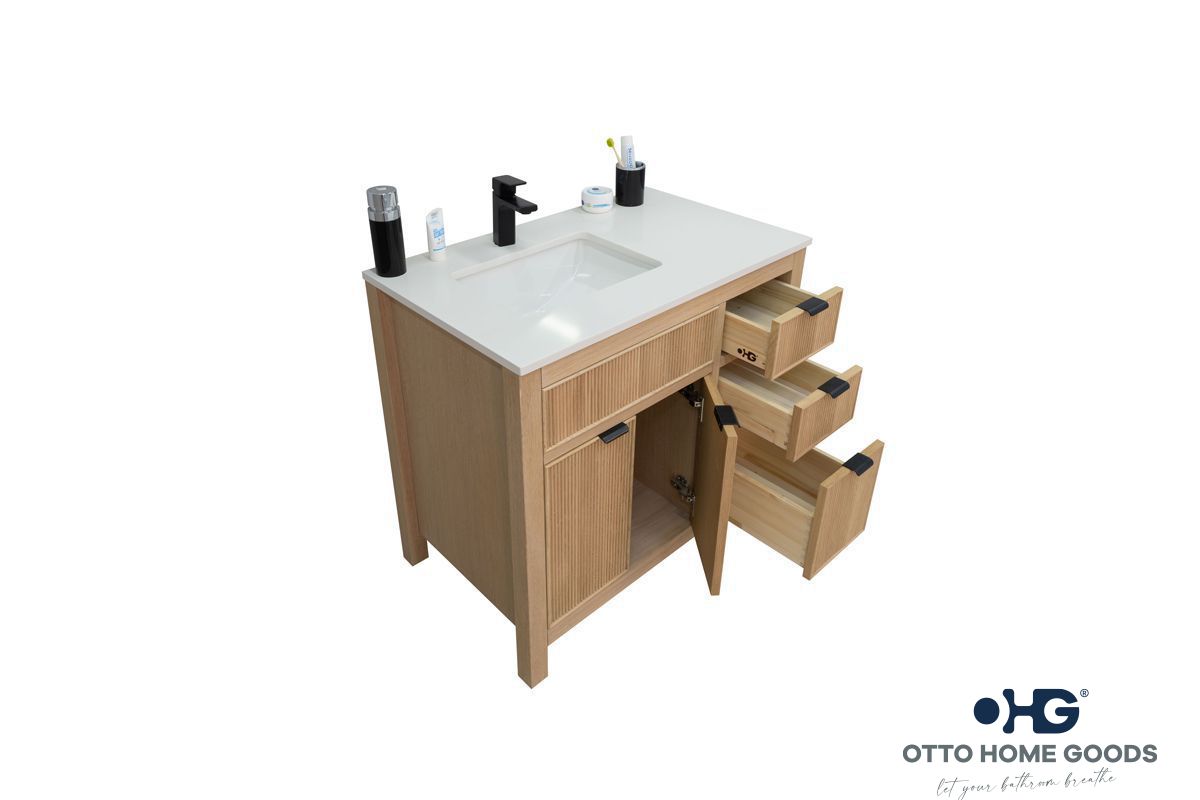Catalina 36" Natural Oak Bathroom Vanity with Quartz Top & Black Hardware