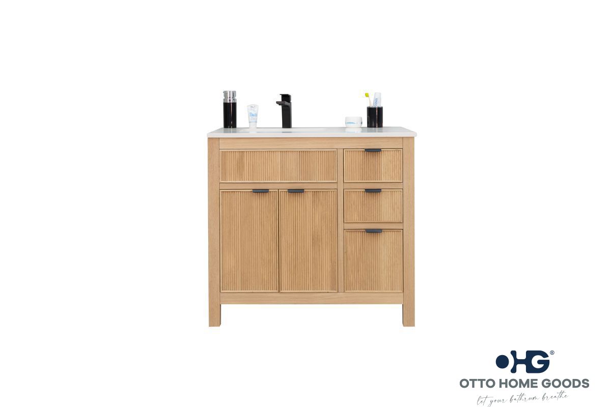 Catalina 36" Natural Oak Bathroom Vanity with Quartz Top & Black Hardware