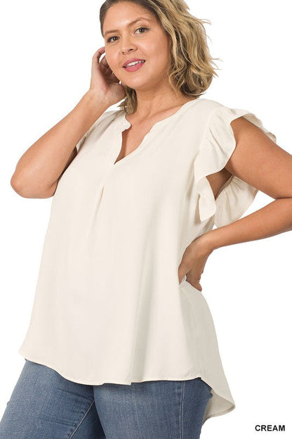 ZENANA Plus Woven Wool Peach Ruffled Sleeve High-Low Top