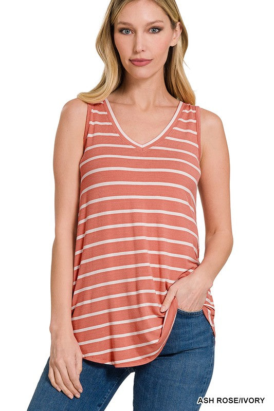 ZENANA Stripe Sleeveless V-Neck Top