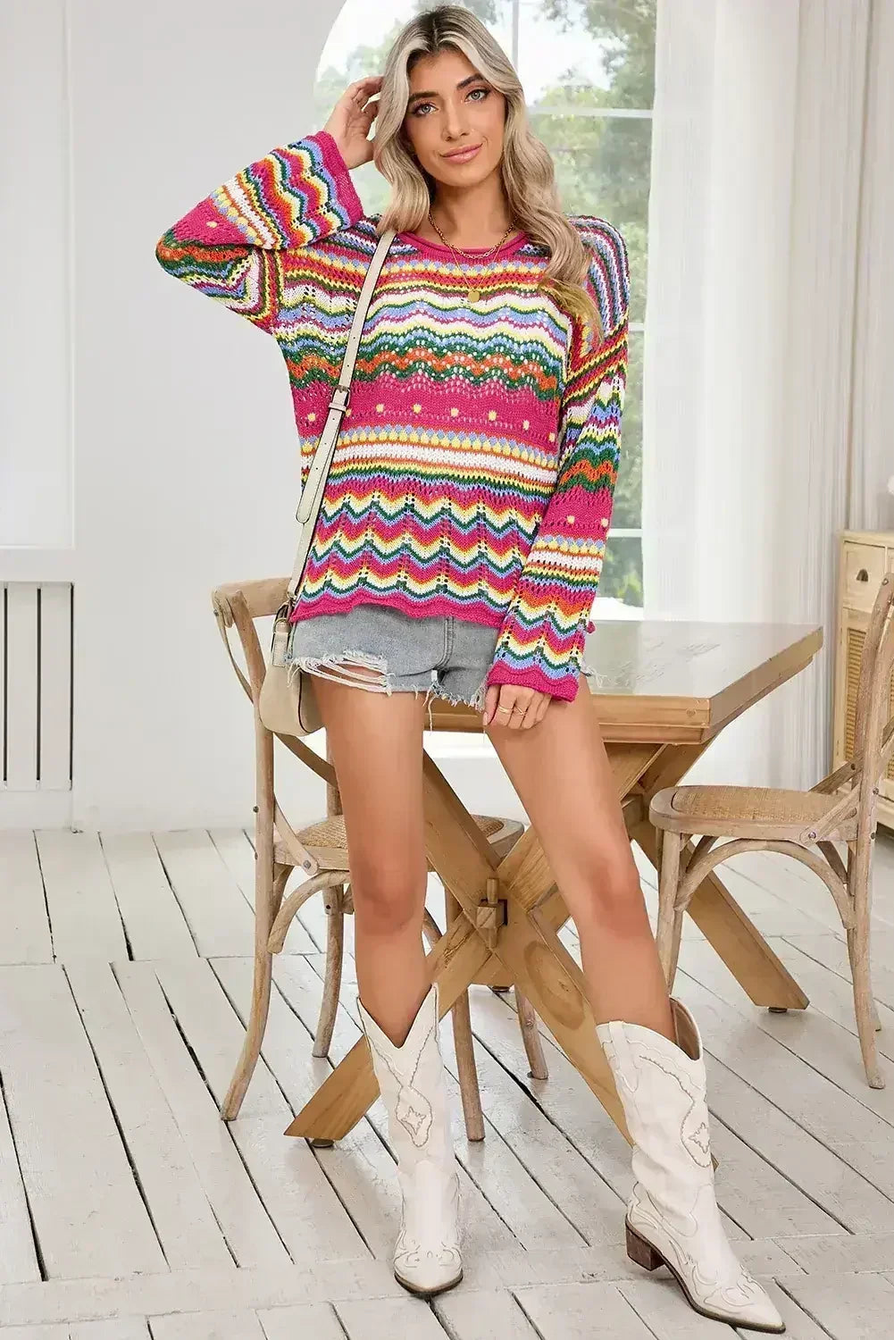 Rose Red Colorblock Striped Hollowed Knit Loose Sweater