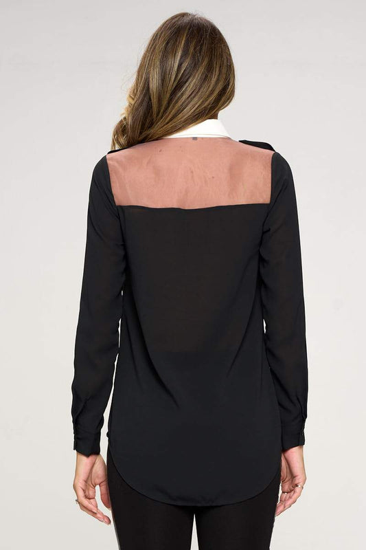 Long Sleeve Sheer Panel Collared Blouse | Apparel | Kitchen + Metal