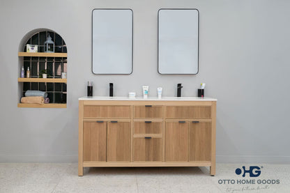 Catalina 60" Natural Oak Double Sink Bathroom Vanity with Quartz Top & Black Hardware