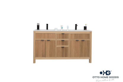 Catalina 60" Natural Oak Double Sink Bathroom Vanity with Quartz Top & Black Hardware