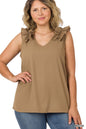 ZENANA Plus Woven Wool Dobby Ruffle Trim Sleeveless Top