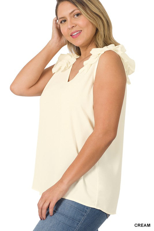 ZENANA Plus Woven Wool Dobby Ruffle Trim Sleeveless Top
