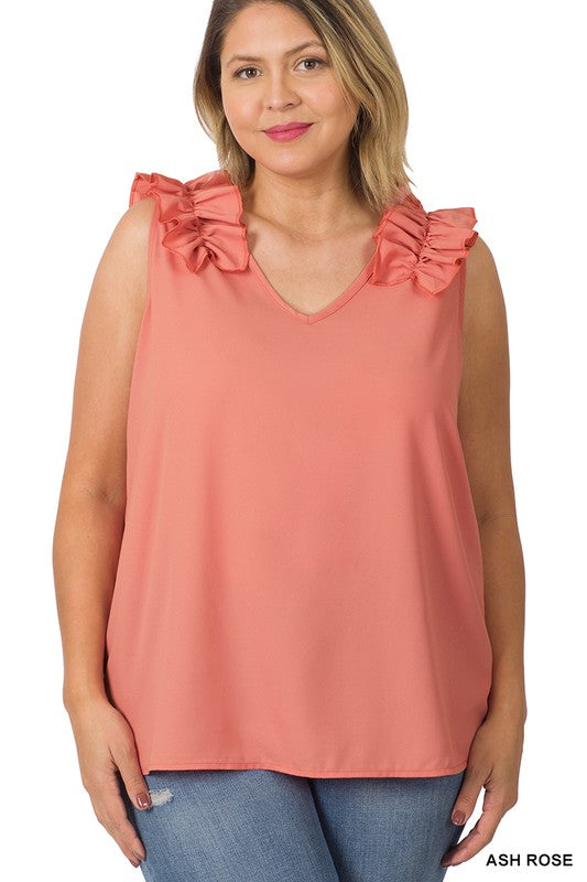 ZENANA Plus Woven Wool Dobby Ruffle Trim Sleeveless Top