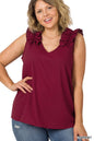 ZENANA Plus Woven Wool Dobby Ruffle Trim Sleeveless Top
