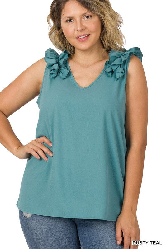 ZENANA Plus Woven Wool Dobby Ruffle Trim Sleeveless Top