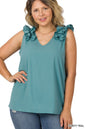 ZENANA Plus Woven Wool Dobby Ruffle Trim Sleeveless Top