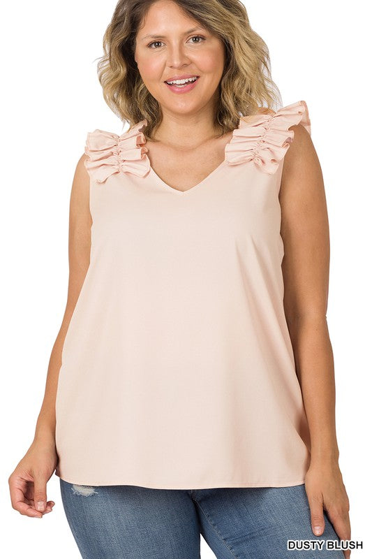 ZENANA Plus Woven Wool Dobby Ruffle Trim Sleeveless Top