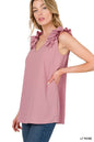 ZENANA Woven Wool Dobby Ruffle Trim Sleeveless Top