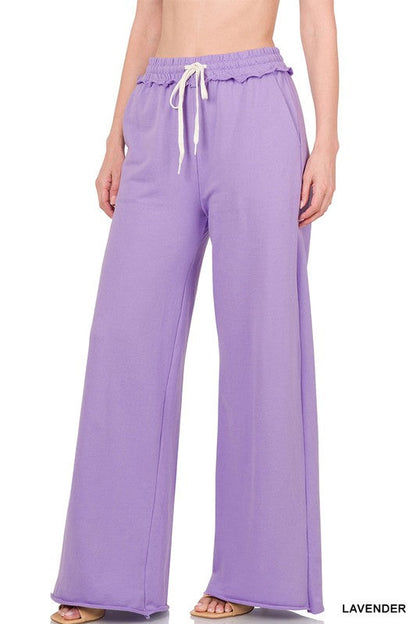 ZENANA French Terry Drawstring Waist Raw Edge Hem Pants