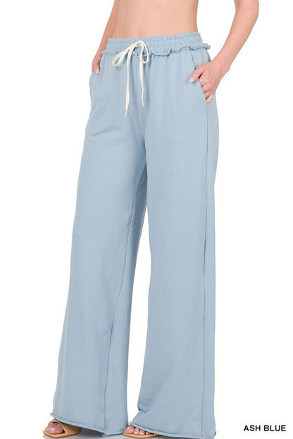 ZENANA French Terry Drawstring Waist Raw Edge Hem Pants