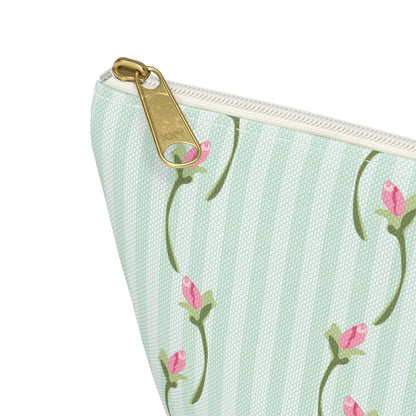 Customizable: Floral Print Accessory Pouch | Cute Makeup Bag, Travel Organizer, Gift for Her, Floral Clutch, Green Striped Bag
