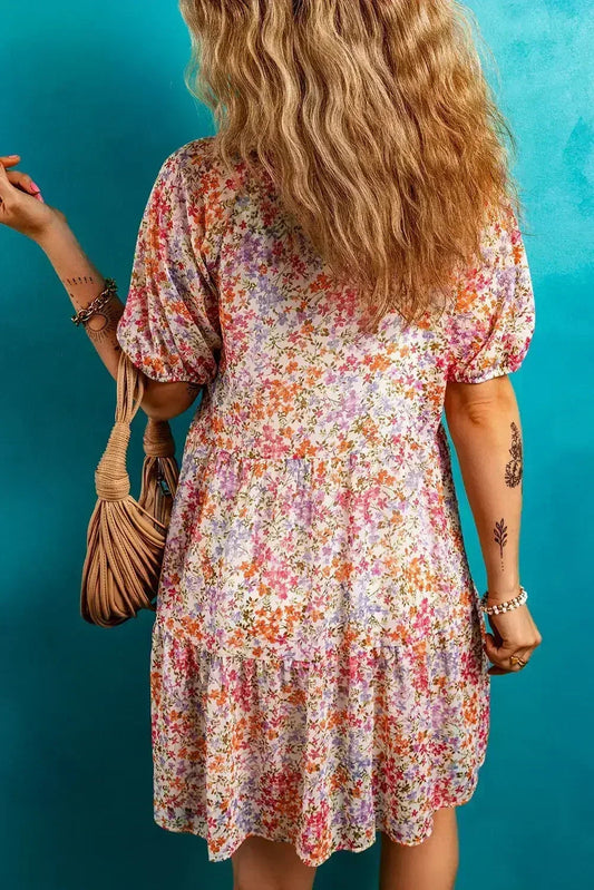 Red Floral Print Notched V Neck Puff Sleeve Tiered Mini Dress