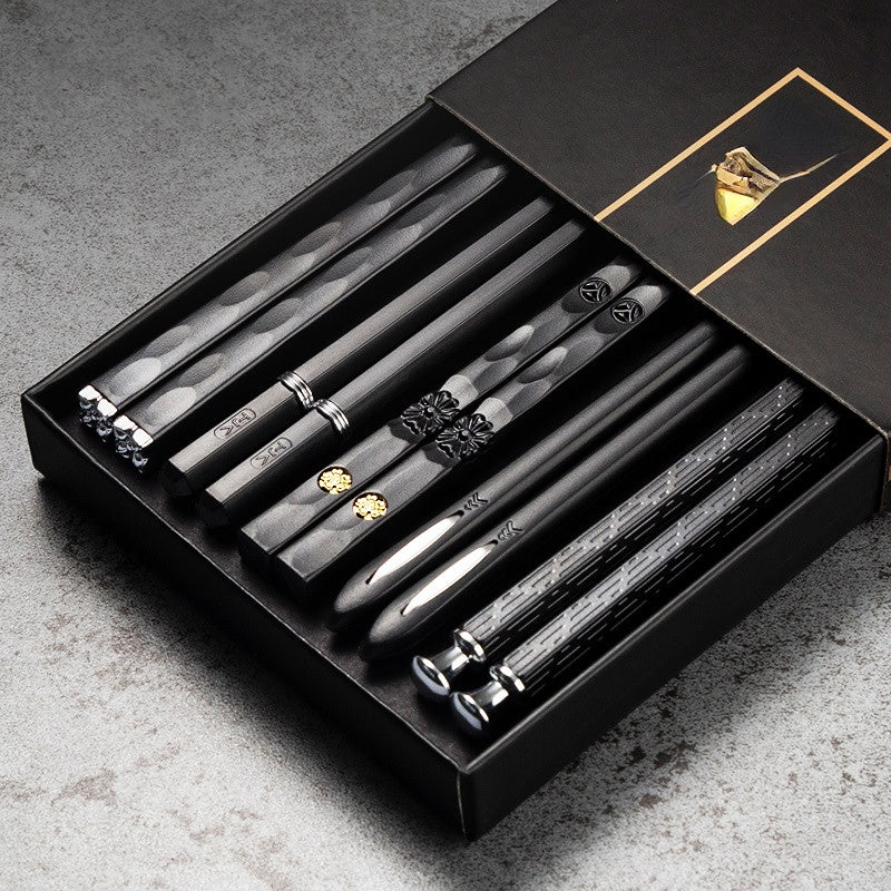 Stylish Reusable Black  Gold Chopsticks Set 5 Pairs