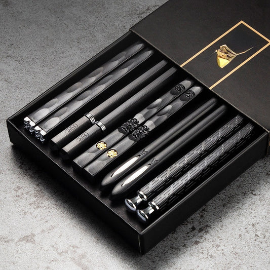 Stylish Reusable Black  Gold Chopsticks Set 5 Pairs