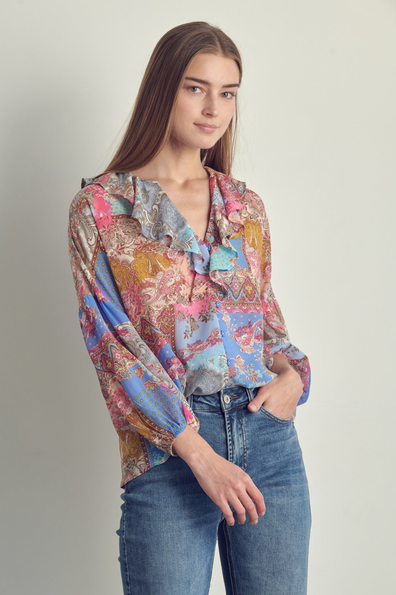 Ruffled V-Neck Patchwork Blouse | Apparel | Kitchen + Metal