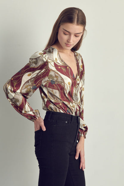 Women's V-Neck Abstract Print Blouse with Long Sleeves | Apparel | Kitchen + Metal