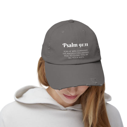 Faith-Inspired Unisex Distressed Cap, Psalm 91:11 Scripture Hat for Daily Wear, Inspirational Gift, Casual Style, Christian Faith