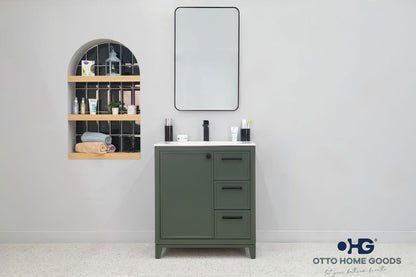Frame 30" Pine Green Bathroom Vanity with Integrated Sink & Black Hardware