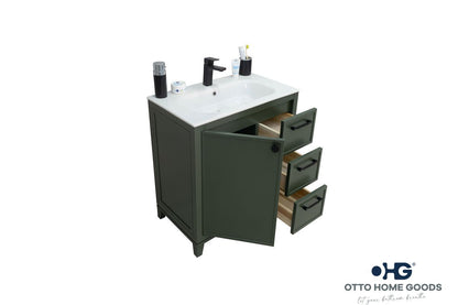 Frame 30" Pine Green Bathroom Vanity with Integrated Sink & Black Hardware