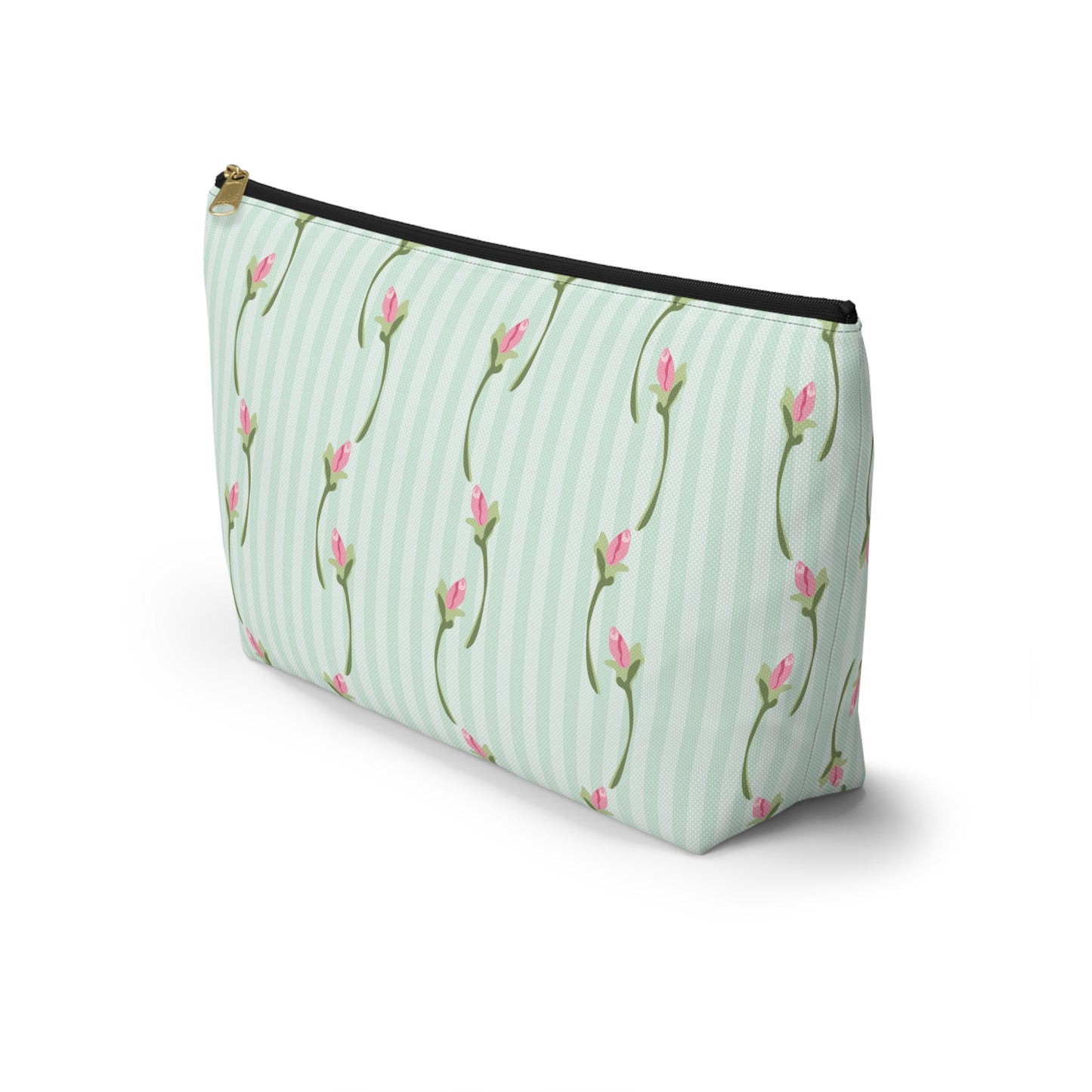 Customizable: Floral Print Accessory Pouch | Cute Makeup Bag, Travel Organizer, Gift for Her, Floral Clutch, Green Striped Bag