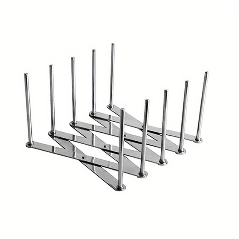 Retractable stainless steel dish plate rack with multiple upright rods, designed for storing dishes and pot lids.