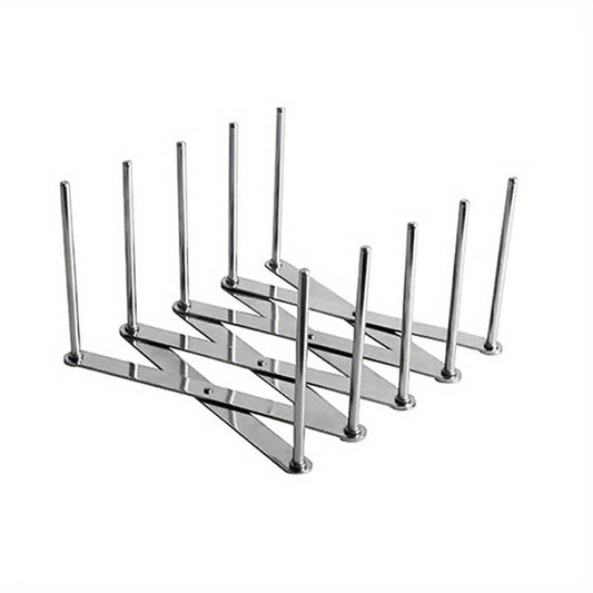 Retractable stainless steel dish plate rack with multiple upright rods, designed for storing dishes and pot lids.