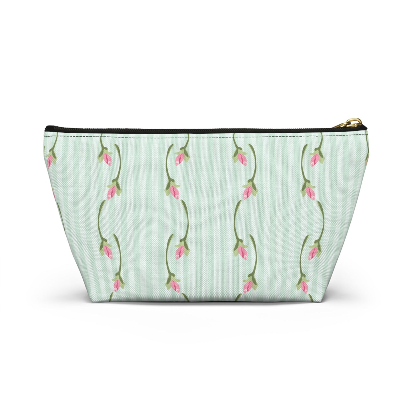 Customizable: Floral Print Accessory Pouch | Cute Makeup Bag, Travel Organizer, Gift for Her, Floral Clutch, Green Striped Bag